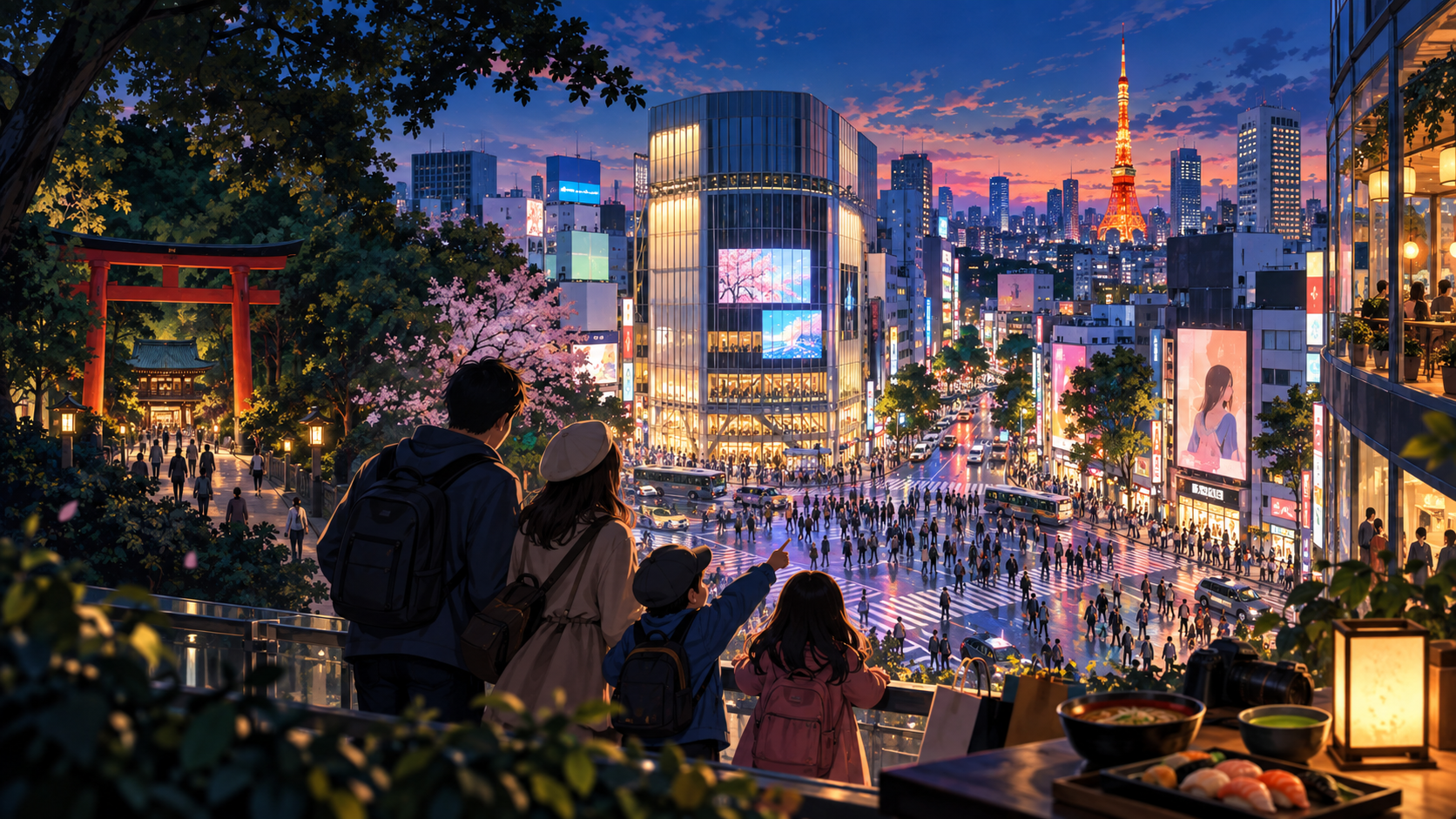 Illustrated Tokyo at blue hour with Shibuya Crossing, a shrine gate and Tokyo Tower